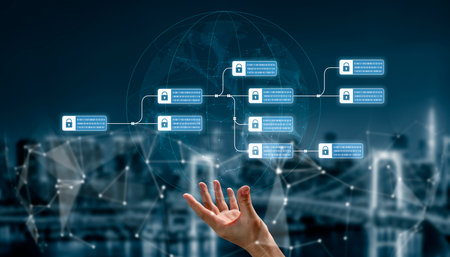 Blockchain structure showing distributed data blocks linked with encryption, representing secure...