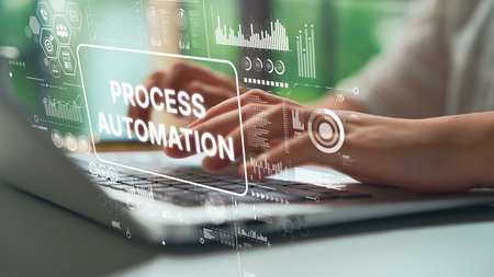 Business Professional Engaged in Process Automation Technology with Data Visualization on Laptop Screen. Asymptotic smart data analytic.の写真素材