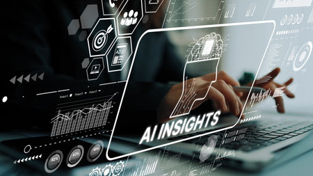 Person using laptop with overlay of AI insights graphics and analytics in modern office environment....