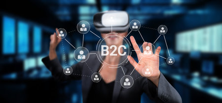 An immersive visual representation of B2C interaction in virtual reality, showcasing modern...