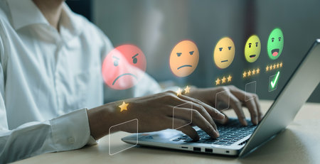 Business person analyzes customer experience satisfaction review data, striving to improve service...