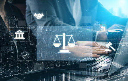 Legal compliance and governance concept showing justice scale, courthouse, contract, policy,...