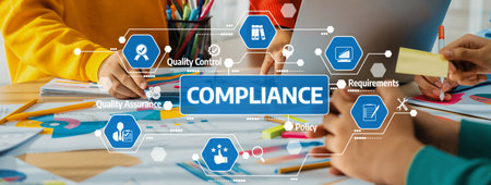Engaging office scene showcasing collaboration on compliance processes, emphasizing quality control...