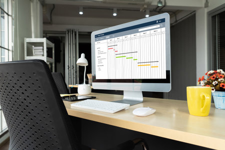 Project planning software for modish business project management on the computer screen showing...