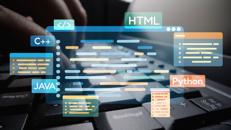 Software development with coding overlays, programming languages, developer tools, mobile app...