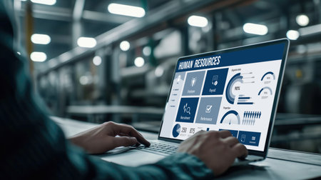 Human resources management software on computer screen helping human resources employee to manage recruitment, payroll, staff searching and KPI evaluation briskの素材