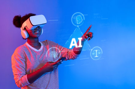 A young person wearing a VR headset engages with virtual concepts about AI ethics, digital law, and...