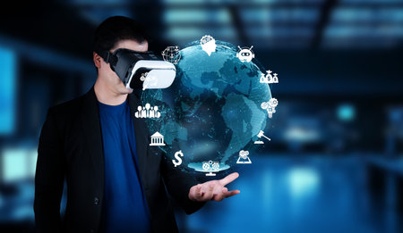 A person using virtual reality technology explores global connections and artificial intelligence...