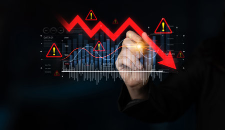 Economic caution visualized with fluctuating market graph, alert symbols, and negative data trends....