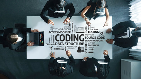 Collaborative Coding Session with Diverse Individuals Around a Table Focusing on Data Structures,...