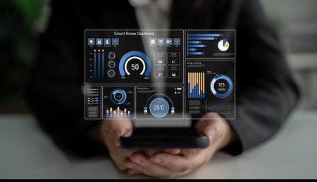 Smart home dashboard manages IoT system. Smart home dashboard controls temperature, dashboard tracks...