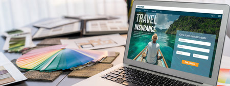 Interior designer workspace table and architecture software on laptop screen with mood board materials and colorful swatch color for color selection. Modern interior design office. Insightの素材