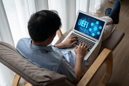 Decentralized finance or DeFi concept on modish computer screen . The defi system give new choice of investment and money saving .の写真素材