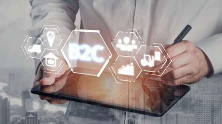 B2C strategy focus on delivery products directly to consumers. Successful B2C model enhance consumer engagement, streamline B2C logistics, and boost consumer satisfaction through digital retail. Muxerの写真素材