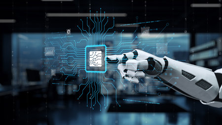 A sleek robotic hand reaching towards a glowing microchip in a digitally enhanced environment,...
