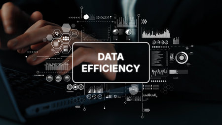 Modern Data Efficiency Concept with Hands on Laptop Surrounded by Digital Graphs and Icons...
