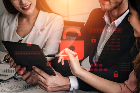 Digital security concept illustrating a cybersecurity breach, with a red unlocked padlock indicating...