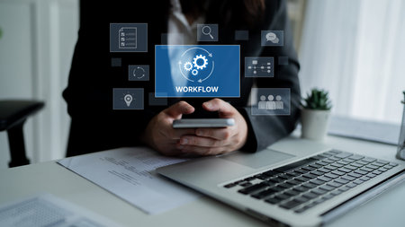 Workflow optimization concept featuring interconnected gears, task management, collaboration, process mapping, review, and automation for business productivity and efficiencyの写真素材