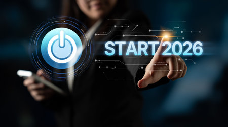 Start 2025 concept with futuristic power button symbolizing fresh beginnings, innovation, and...