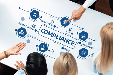 A diverse team engages around a table discussing compliance strategies with visual elements that...