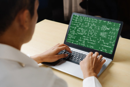 Mathematic equations and modish formula on computer screen showing concept of science and educationの写真素材