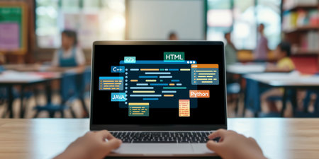 Software development or programming work with coding screen of various programming languages like HTML, , , and C brisk for new application developmentの素材