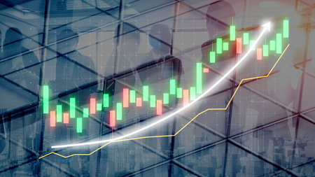 Abstract financial growth presented through green and red candlesticks on a modern digital backdrop,...