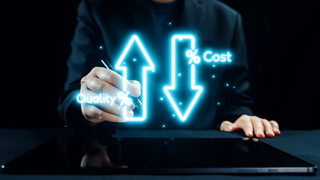 A business professional uses a tablet to analyze essential metrics, showcasing a focus on quality...