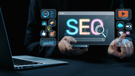 SEO concept for improving SEO visibility, with SEO related digital tools and SEO performance icons...