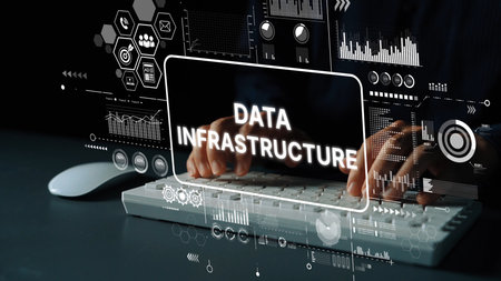 Modern Data Infrastructure Concept with Hands on Keyboard and Digital Interface Background for...