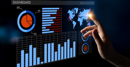 A modern data analytics dashboard displaying interactive graphs and charts. It highlights user...