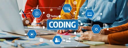 A vibrant team coding session showcasing individuals engaged in programming tasks, surrounded by...