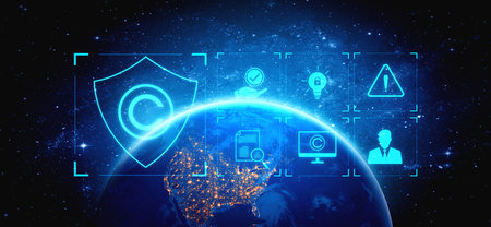 Digital copyright protection system showing secure ownership, intellectual property rights, content...