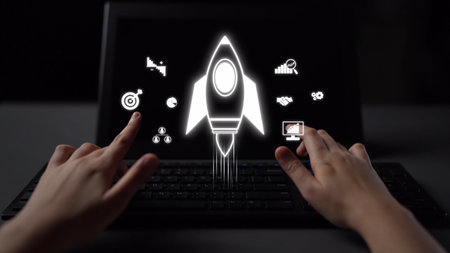 Startup launch and business growth concept, rocket symbolism, entrepreneurship, startup innovation,...
