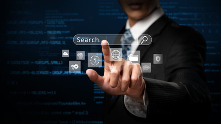 Business person conducts search engine research, extracting valuable data for strategic decisions....