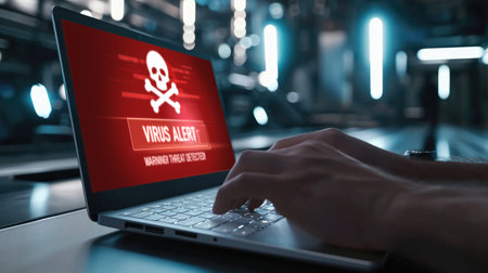 Virus warning alert on computer screen detected brisk cyber threat , hacker, computer virus and malwareの素材