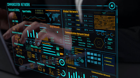 Data center monitoring dashboard visualize network performance, connection status, usage rate, and...