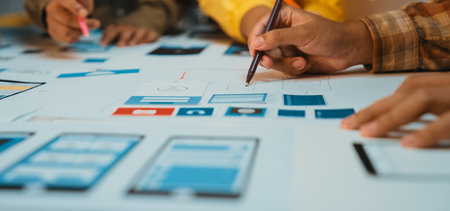 A dynamic team collaborates on user interface design using sketches and wireframes on a shared...