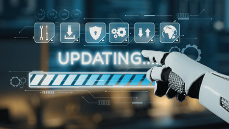 A futuristic robotic hand points at a digital update interface, symbolizing progress in technology...
