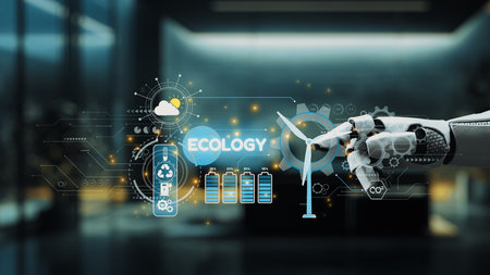 A futuristic robotic hand engages with digital ecological icons, emphasizing themes of...