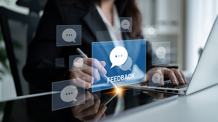 Customer or business team feedback system highlighting comments, opinions, evaluations, reviews, and suggestions from users to improve services, communication, and product quality idea insightの写真素材