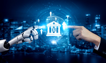 AI artificial intelligence powers digital banking with virtual assistants and fintech tools for...