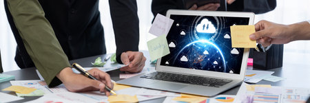 Analyst team use sticky note for creative and analytic brainstorm for business idea with data...