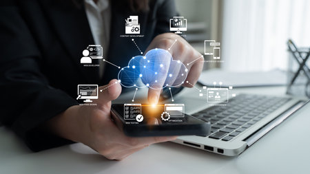 Cloud computing, cloud strategy, and cloud technology transforming digital infrastructure with...
