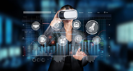 A professional woman engages with data in a virtual reality workspace, illustrating the intersection...