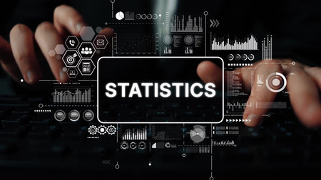 Hands Typing on Keyboard with Overlay of Statistical Data Visualizations and Graphs Showing Analysis...