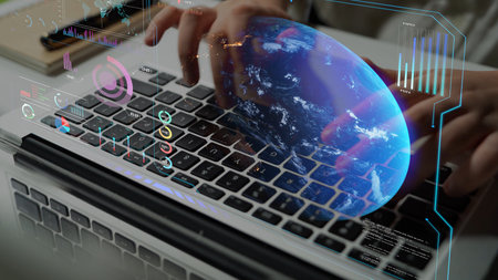 High-tech global network connection interface showing worldwide digital communication, data...