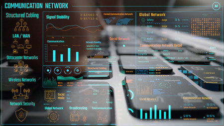Data center monitoring dashboard visualize network performance, connection status, usage rate, and...