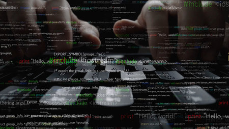 An intimate perspective of hands actively typing on a dark keyboard, surrounded by colorful...