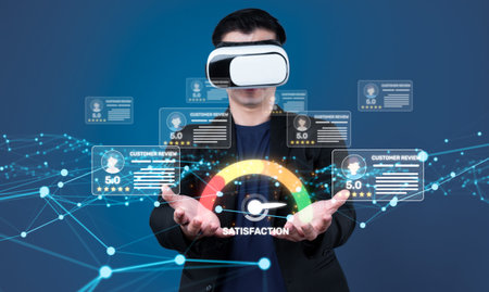 A person wearing a virtual reality headset interacts with customer reviews and satisfaction metrics...